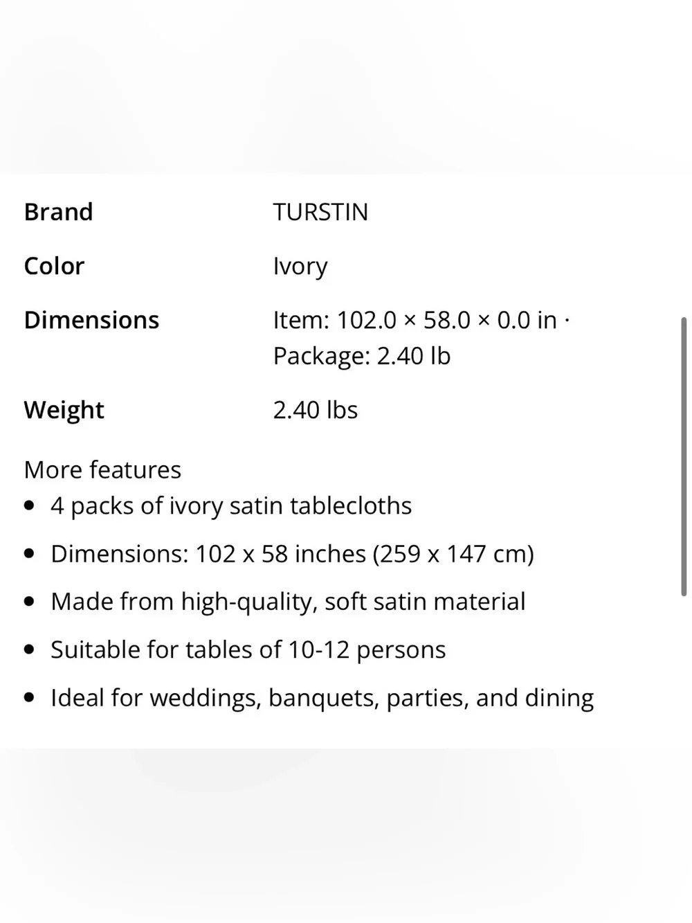 IVORY Satin Tablecloth Rectangular 102x58” (4-pack)